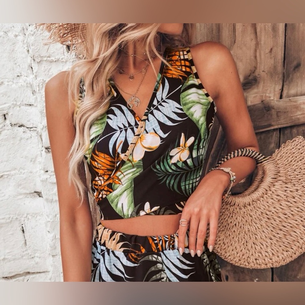 Tropical print wrap tie back tank from shein